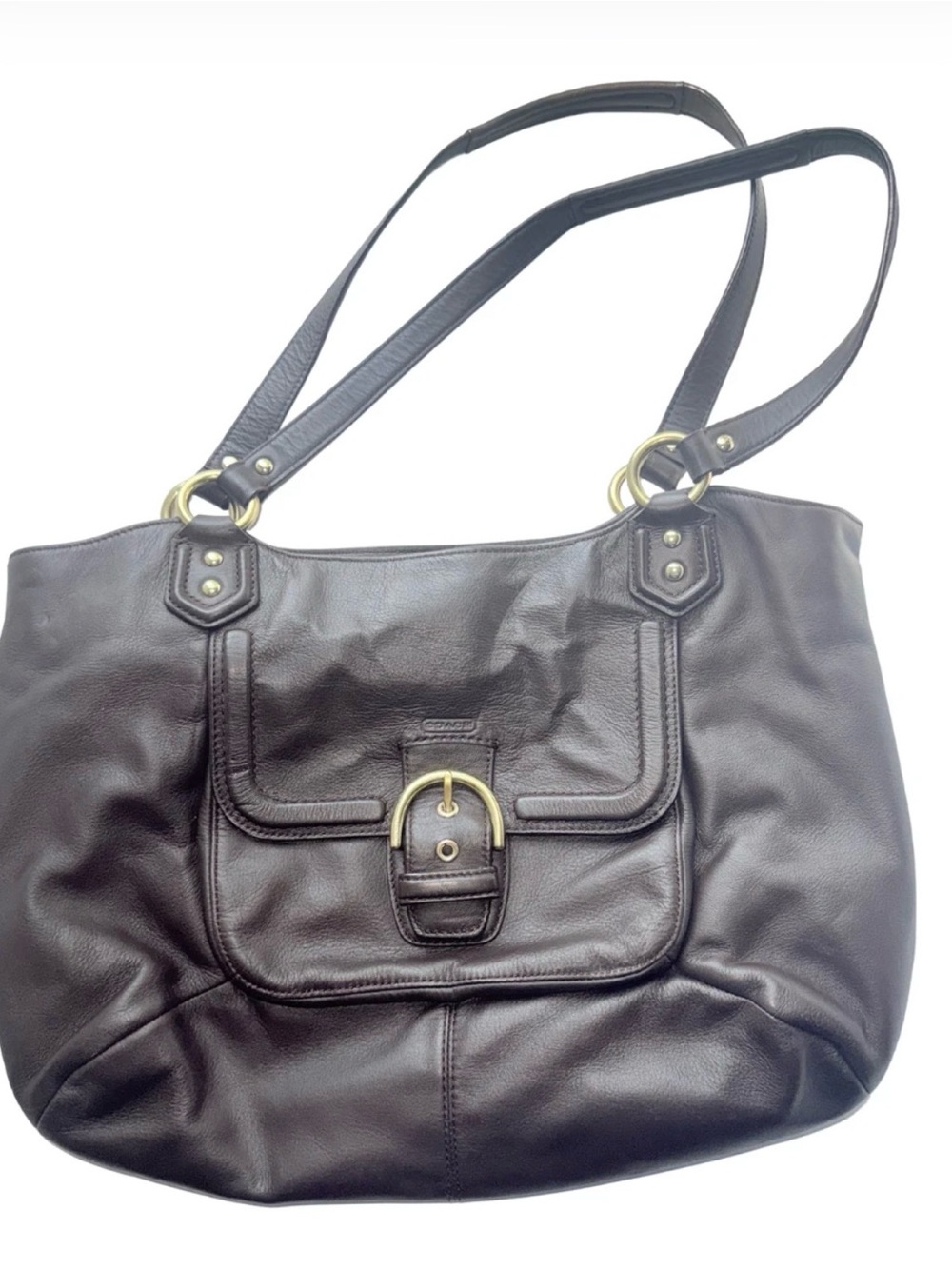 Vintage Coach Dark Brown Leather Double Strap Shoulder Bag FrontF24961 Pre-Owned
